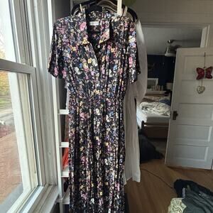 Vintage 80s 90s Liz Claiborne Rayon Floral Pleated Button Up Maxi Dress Size 10